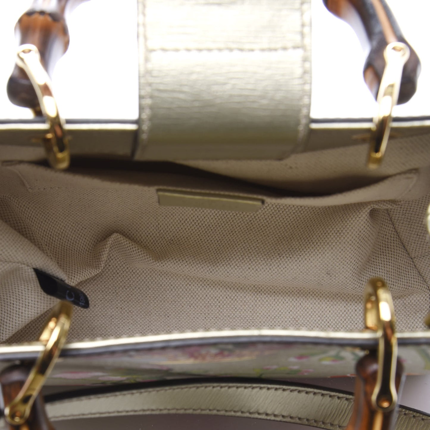 Metallic Shangai Calfskin Blooms Print Mini Bamboo Shopper Tote Gold Multicolor