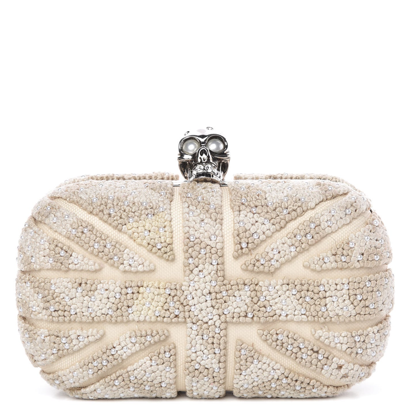 Canvas Beaded Britannia Skull Box Clutch Natural