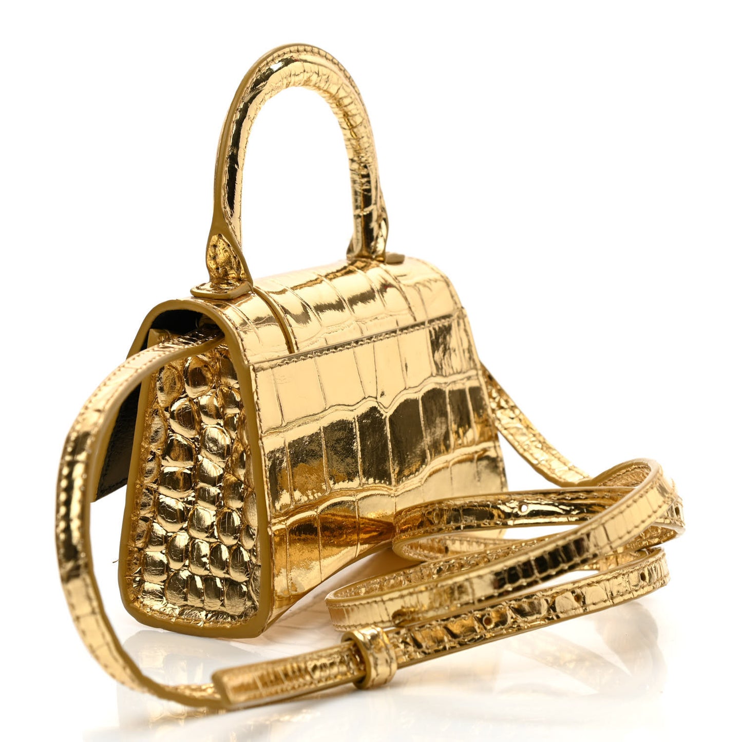 Metallic Calfskin Crocodile Embossed Hourglass Top Handle Bag Mini Gold