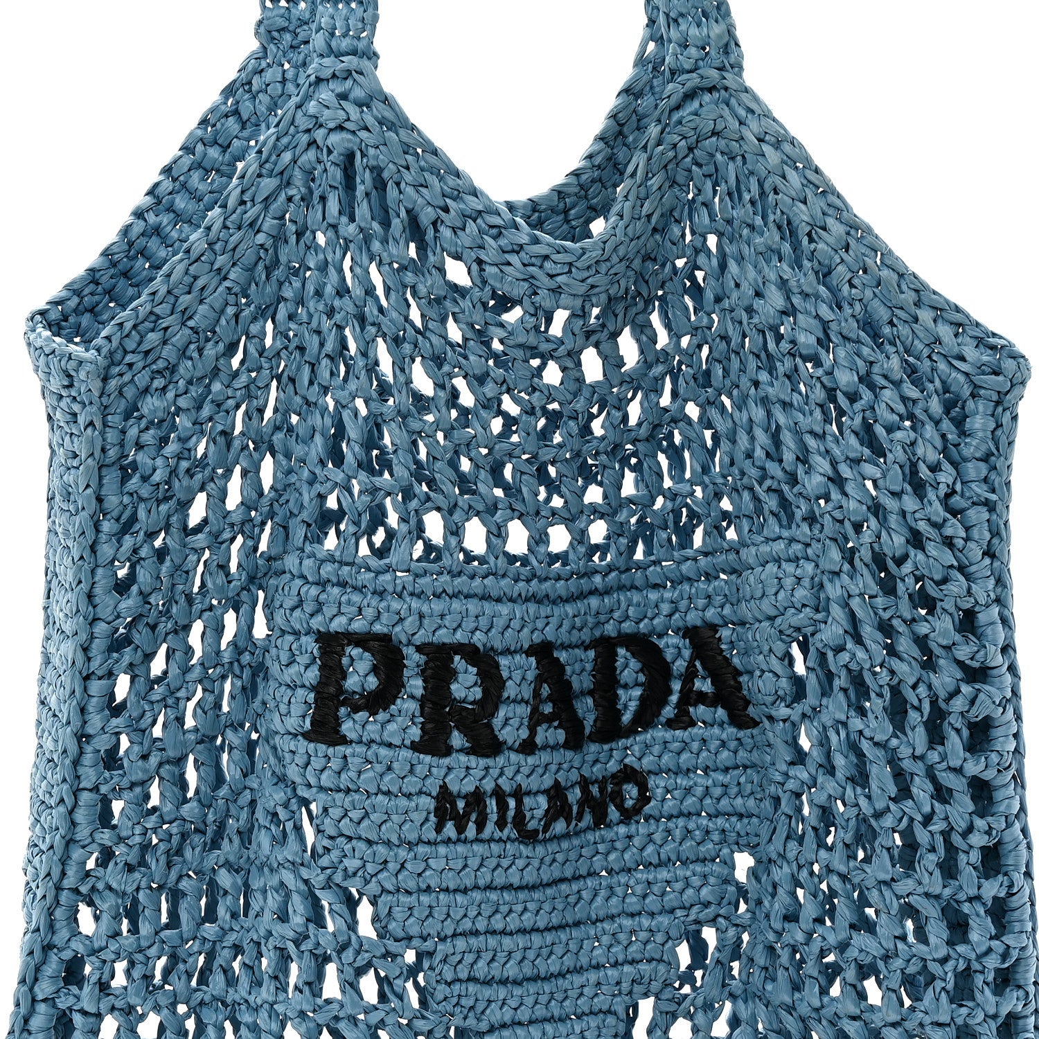 Prada Yarn Raffia Effect Crochet Logo Embroidered Tote Bag Celeste 8 of 10