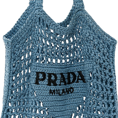 Prada Yarn Raffia Effect Crochet Logo Embroidered Tote Bag Celeste 8 of 10