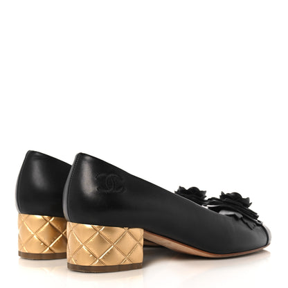 Chanel Calfskin Pearl Camellia Pumps 36 Black Gold 4 of 14