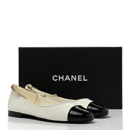 Chanel Lambskin Patent Calfskin Cap Toe Ankle Chain Ballerina Flats 38 White Black 8 of 8