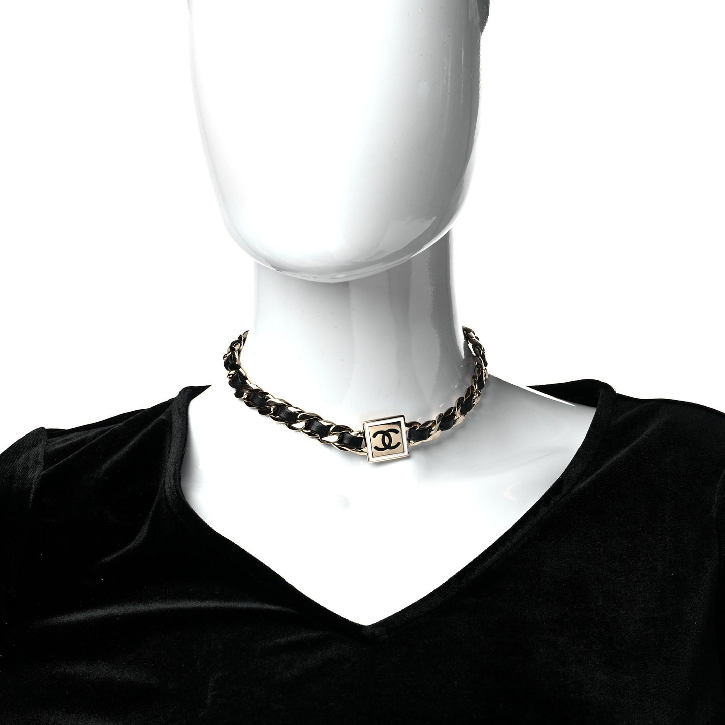 Metal Lambskin CC Square Choker Gold Black White