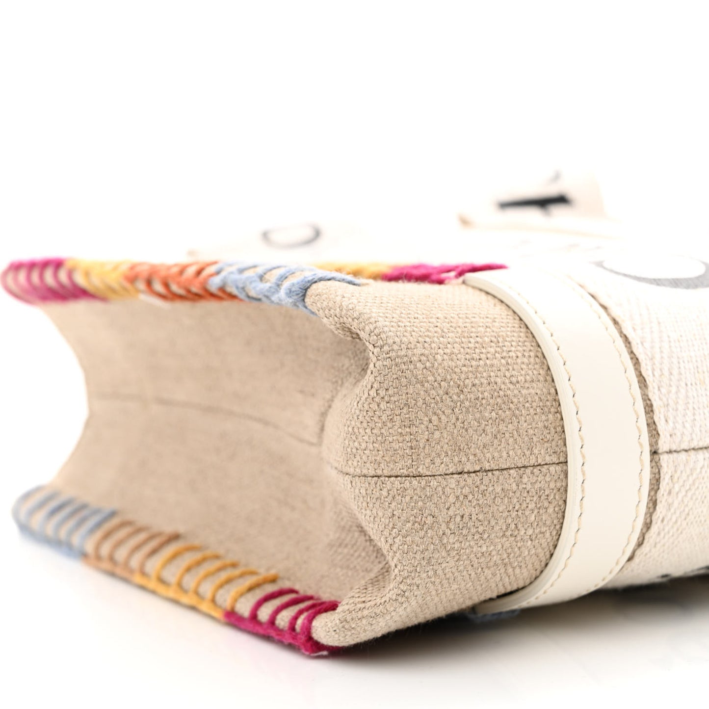 Linen Canvas Calfskin Blanket Stitched Small Woody Ribbon Tote White Multicolor