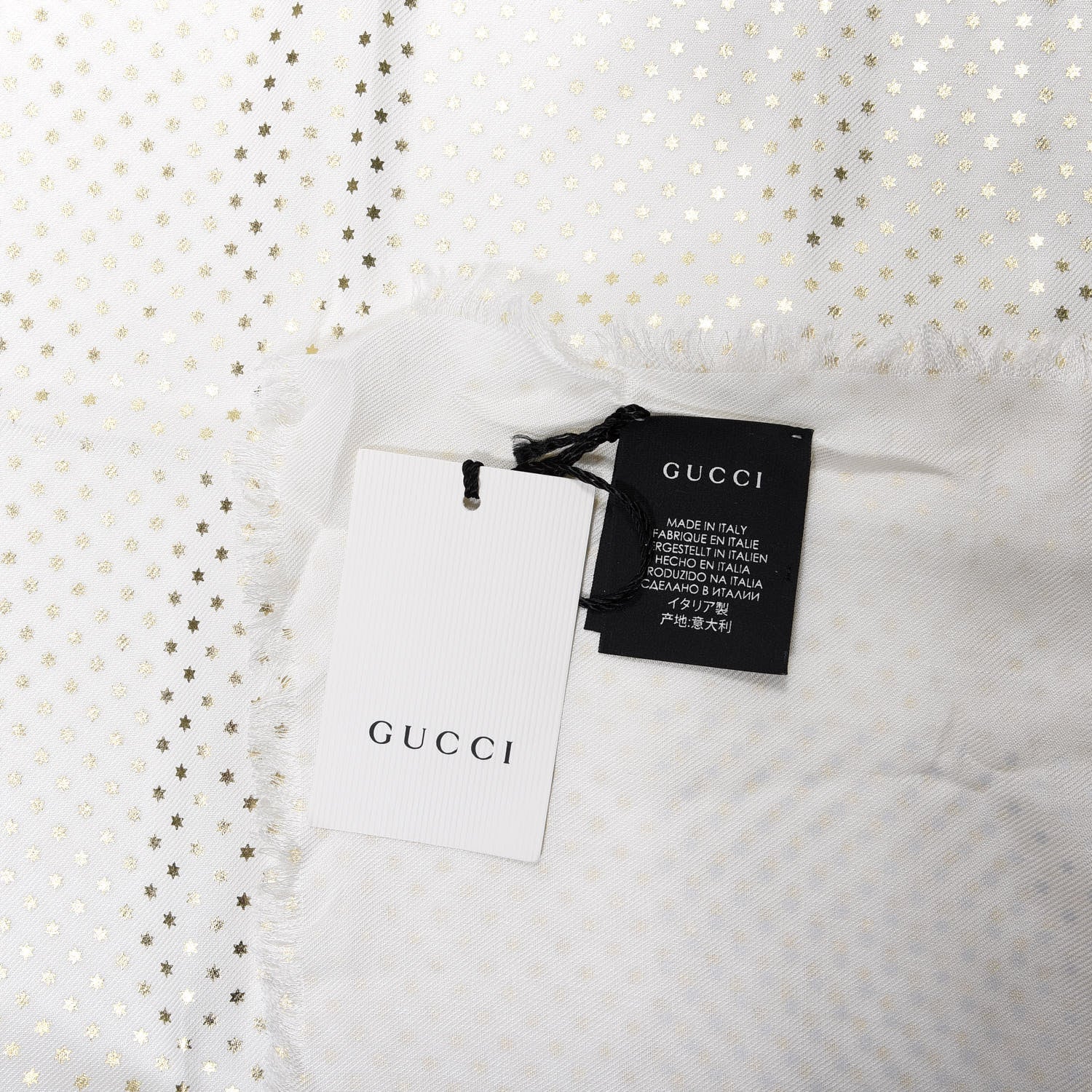 Gucci X SEGA Modal Silk Cashmere GUCCY Stars Print Scarf White Gold 3 of 4