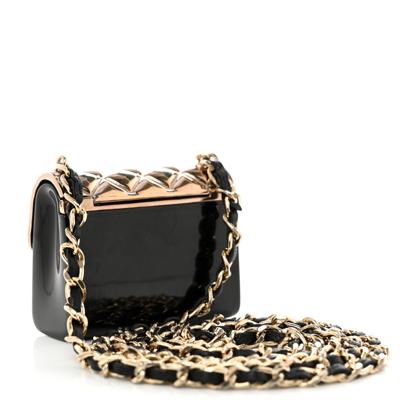 Metal Resin Lambskin Crossbody Flap Bag Long Necklace Black Gold