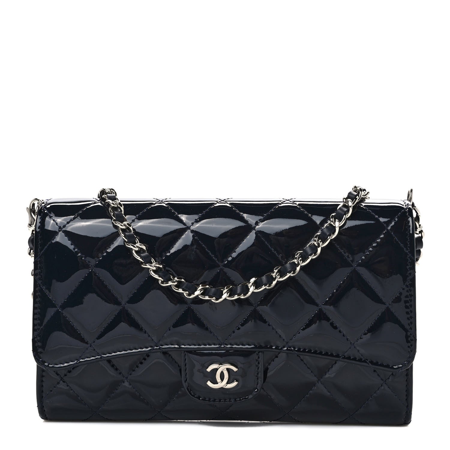 Chanel Patent Quilted Wallet On Removable Chain Navy Blue 1 of 9