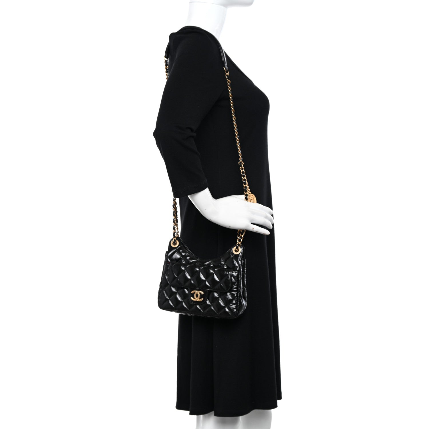 Chanel Shiny Crumpled Calfskin Quilted Small Wavy CC Hobo Black 2 of 10