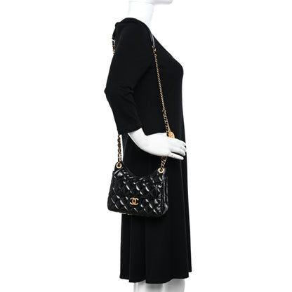 Chanel Shiny Crumpled Calfskin Quilted Small Wavy CC Hobo Black 2 of 10