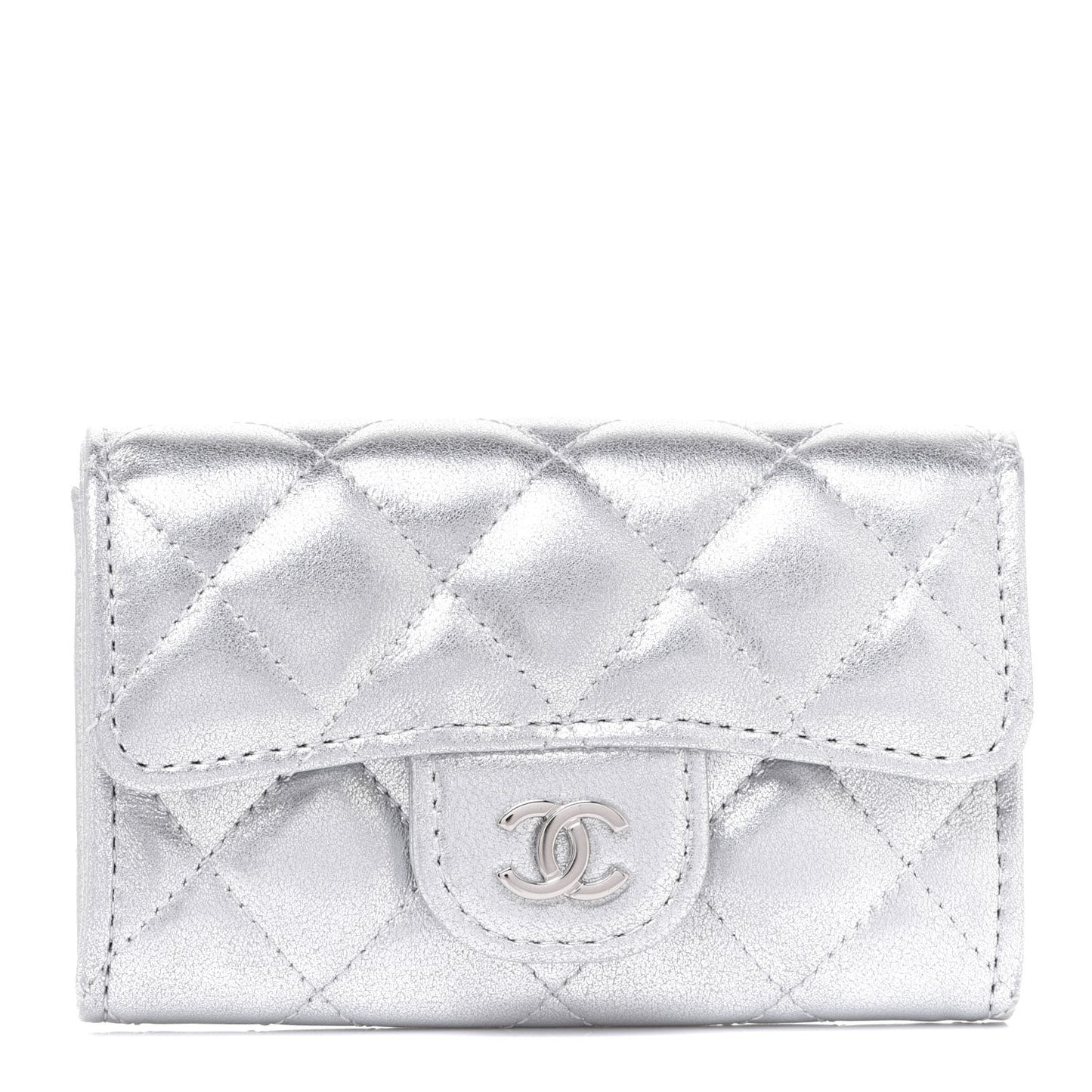 Metallic Lambskin Quilted Flap Card Holder Wallet Silver