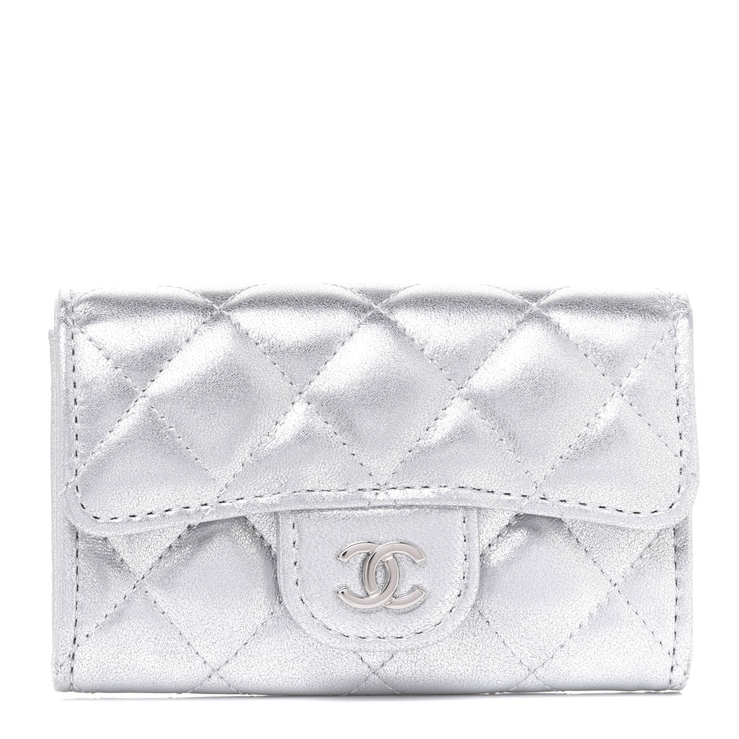Chanel Metallic Lambskin Quilted Flap Card Holder Wallet Silver 1 of 9