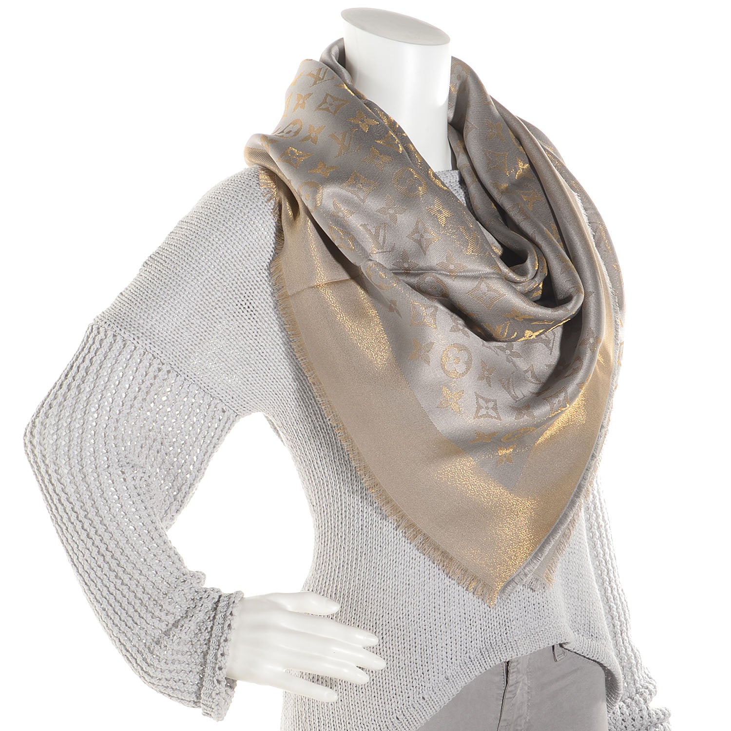 Louis Vuitton Monogram Silk Wool Shine Shawl Beige 2 of 5