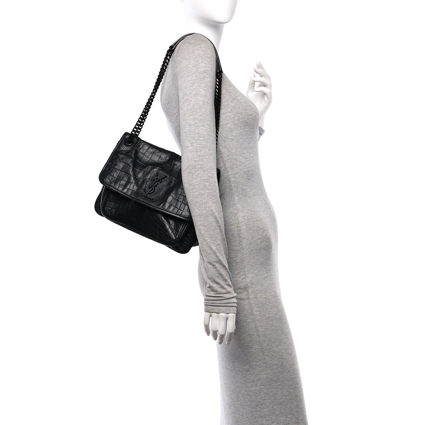 Crocodile Embossed Lambskin Monogram Medium Niki Chain Satchel Black