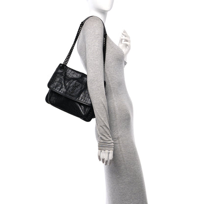 Saint Laurent Crocodile Embossed Lambskin Monogram Medium Niki Chain Satchel Black 2 of 11