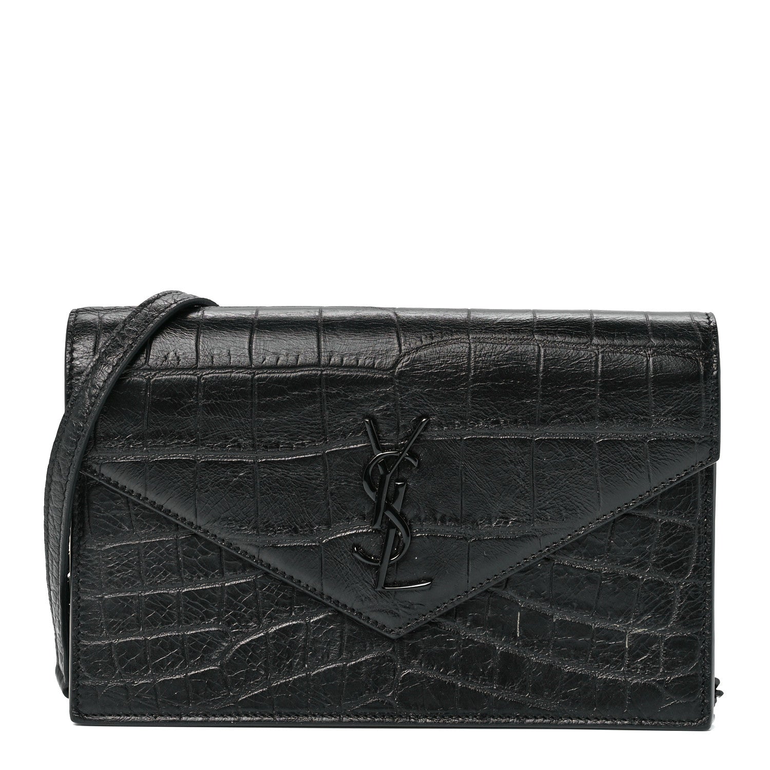 Saint Laurent Calfskin Crocodile Embossed Monogram Envelope Chain Wallet Black 1 of 12