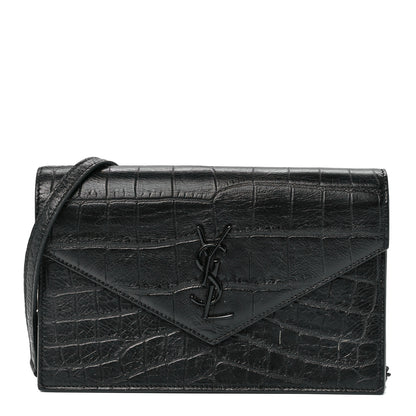 Saint Laurent Calfskin Crocodile Embossed Monogram Envelope Chain Wallet Black 1 of 12