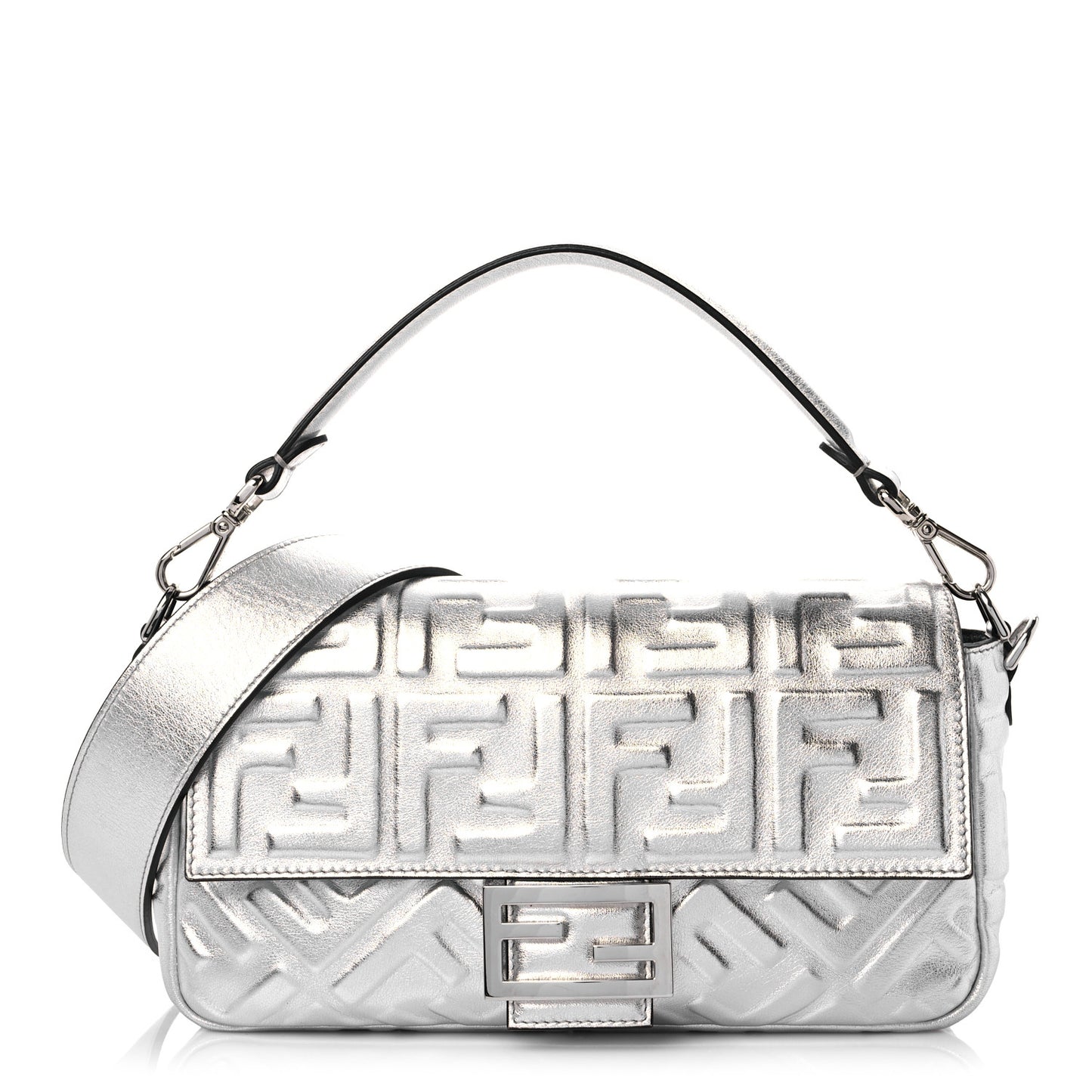 Vitello Catalan Mirror FF 1974 Embossed Baguette Argento