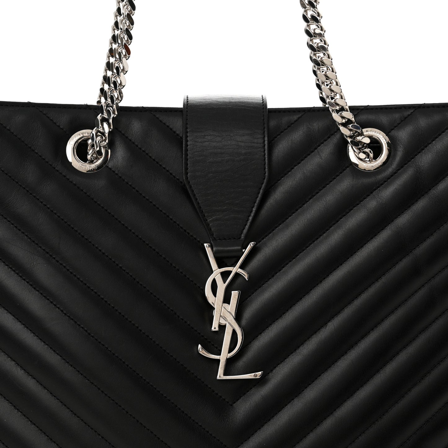Smooth Calfskin Matelasse Chevron Large Monogram Shopping Bag Black