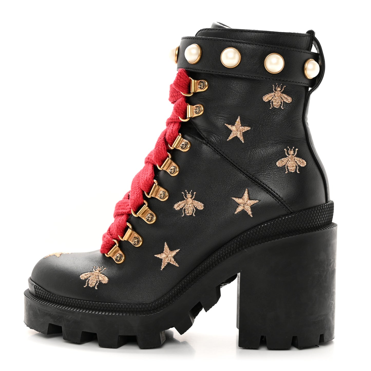 Calfskin Embroidered Lace Up Combat Ankle Boots 35 Black