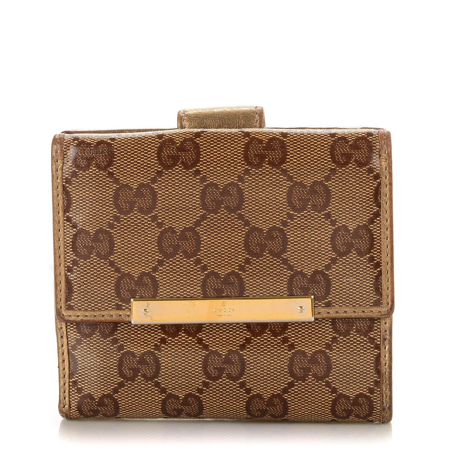Gucci Crystal Monogram Metal Bar French Flap Wallet Metallic Gold 1 of 7
