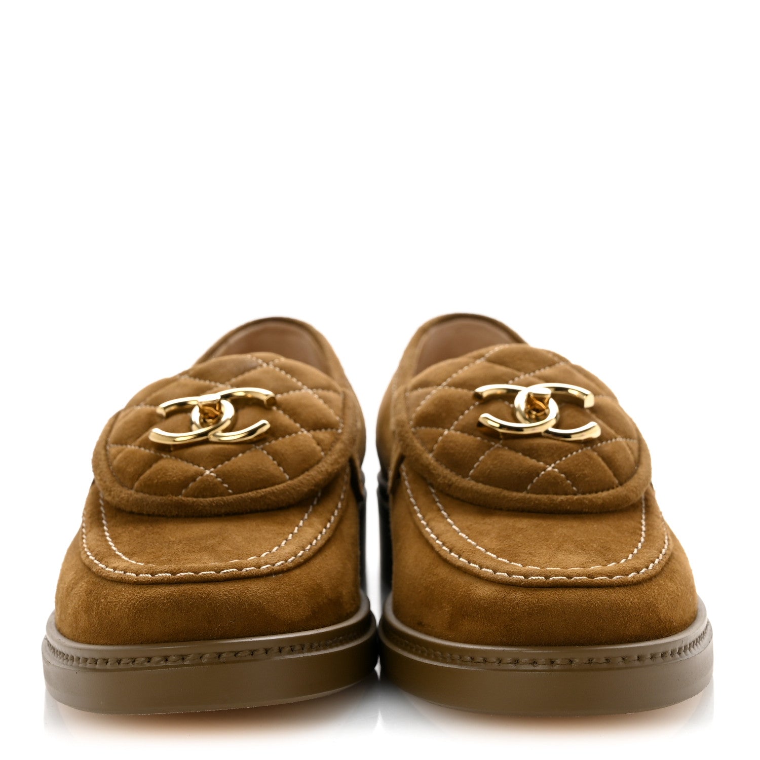 Chanel Suede Kidskin Quilted CC Turnlock Loafers 38 Light Brown 3 of 10