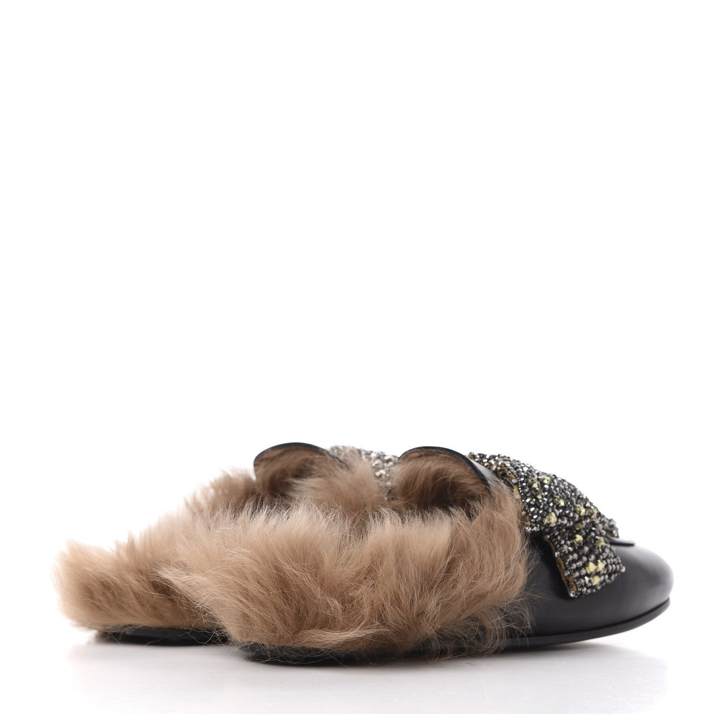 Malaga Kid Fur Crystal Bow Embroidered Womens Princetown Slippers 38 Black
