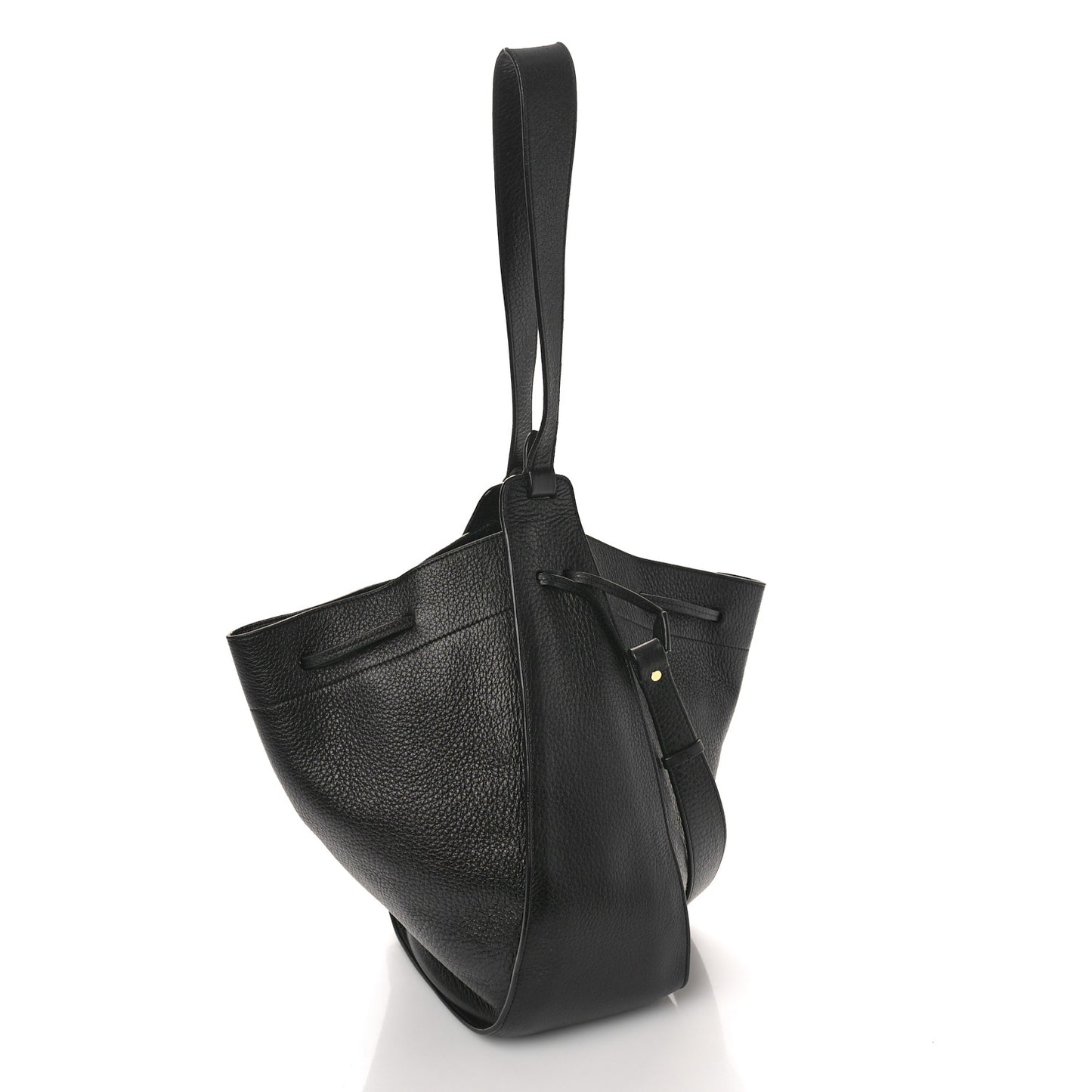 Grained Calfskin Drawstring Bucket Bag Black