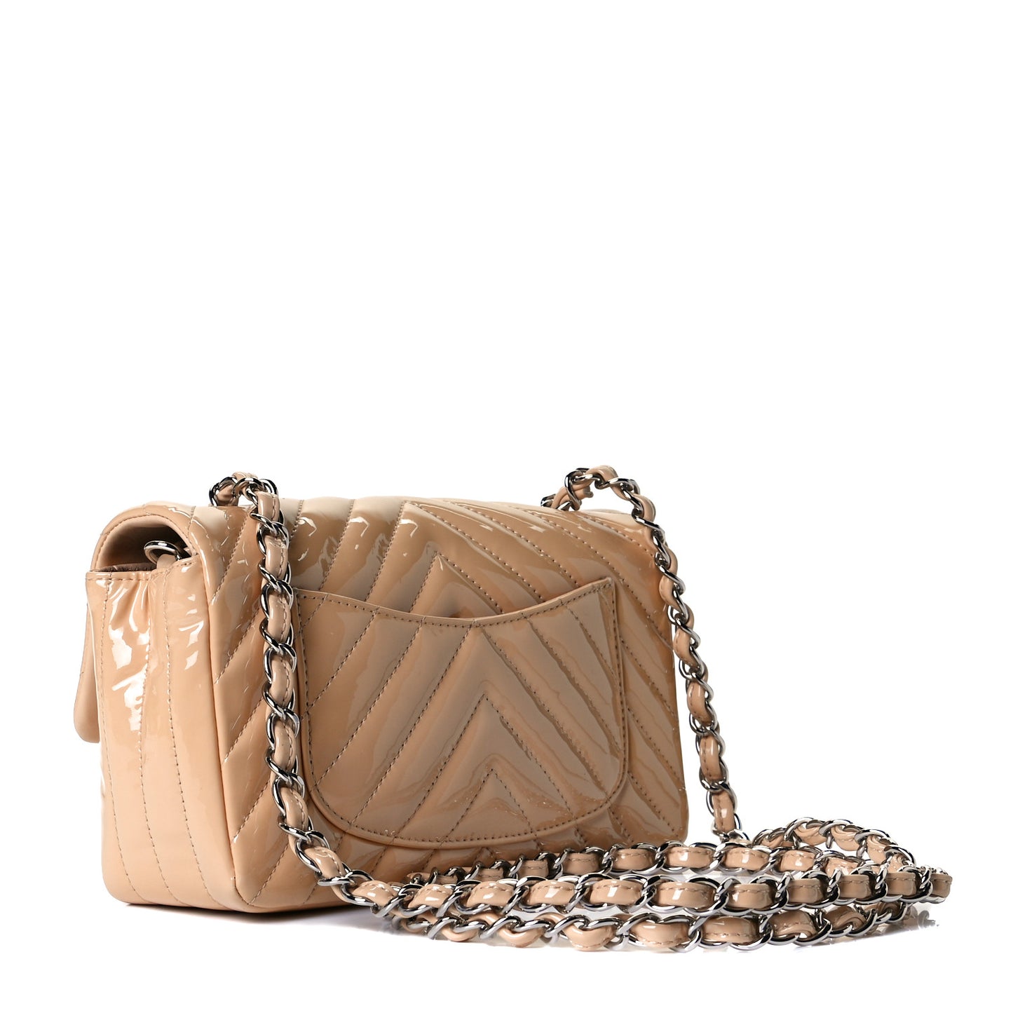 Patent Chevron Quilted Mini Rectangular Flap Beige