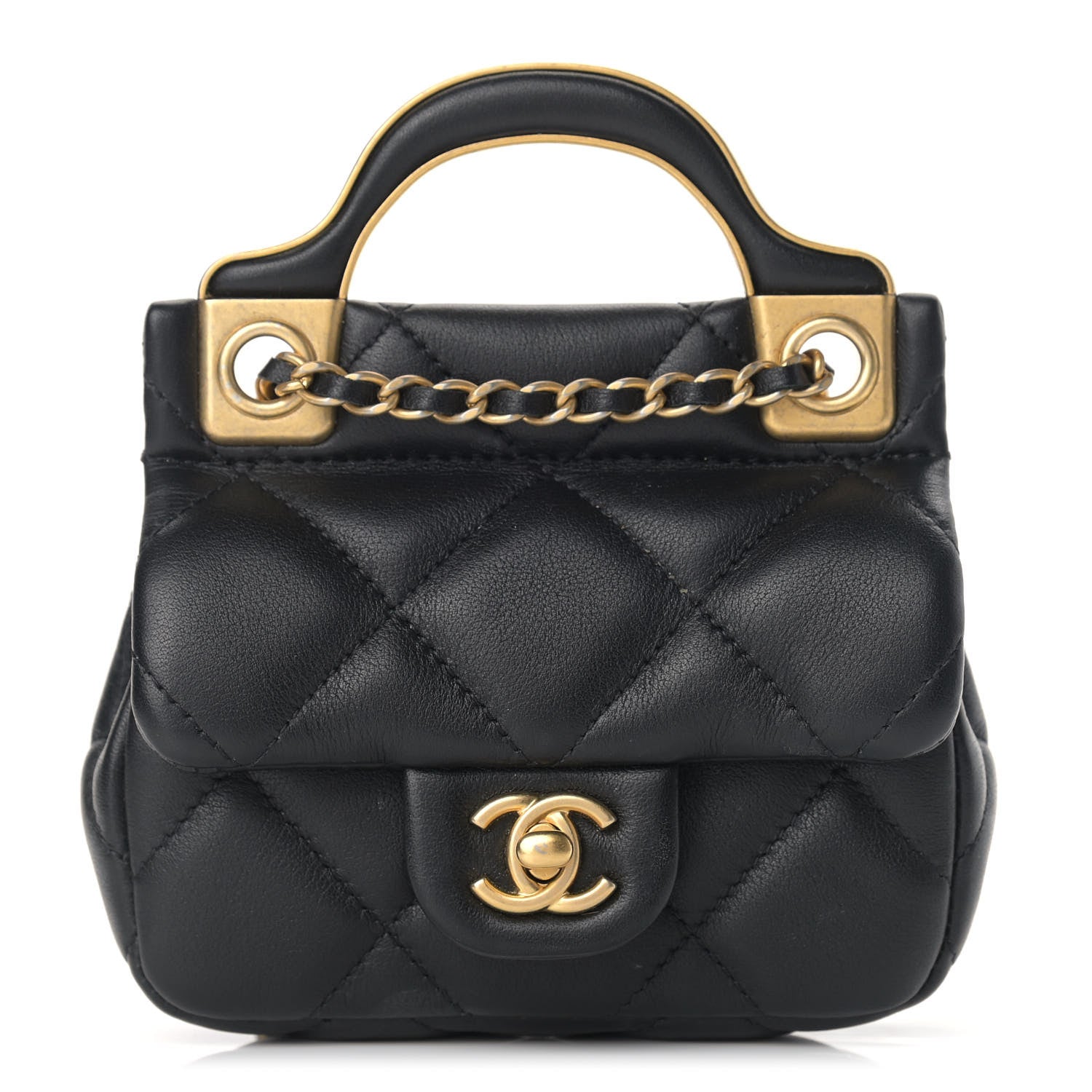 Chanel Calfskin Quilted Lady Handle Flap Card Holder With Chain Black 1 of 10