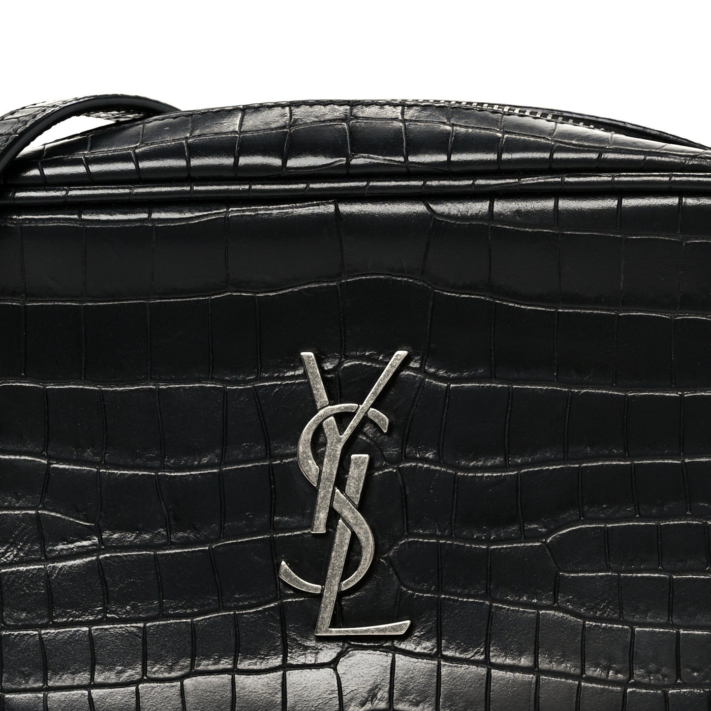 Calfskin Crocodile Embossed Monogram Mini Lou Camera Bag Black