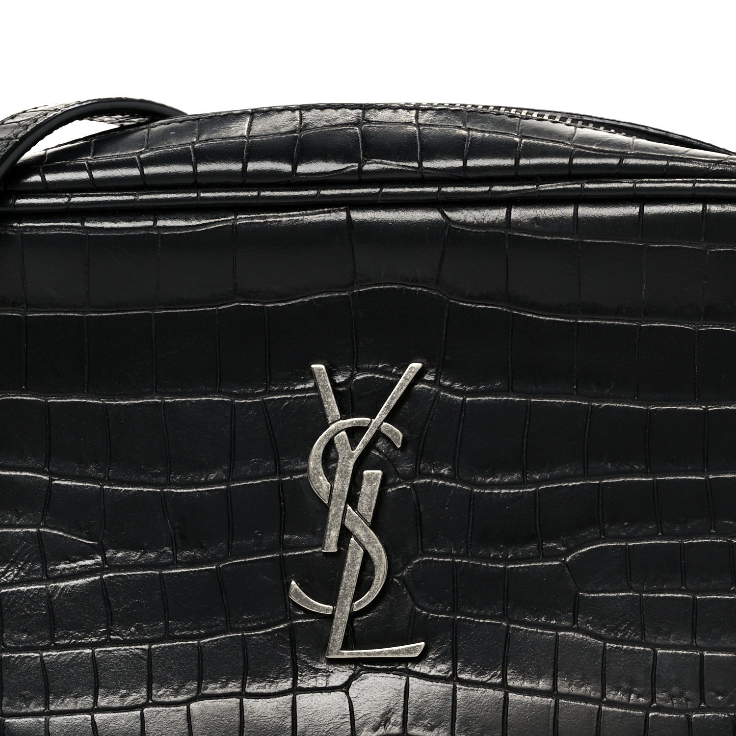 Saint Laurent Calfskin Crocodile Embossed Monogram Mini Lou Camera Bag Black 8 of 11