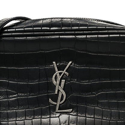 Saint Laurent Calfskin Crocodile Embossed Monogram Mini Lou Camera Bag Black 8 of 11