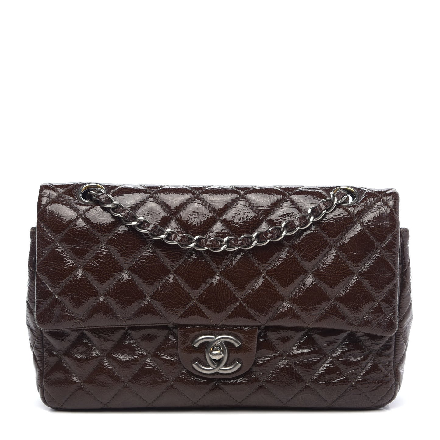Crinkled Patent Quilted Medium Double Flap Brown