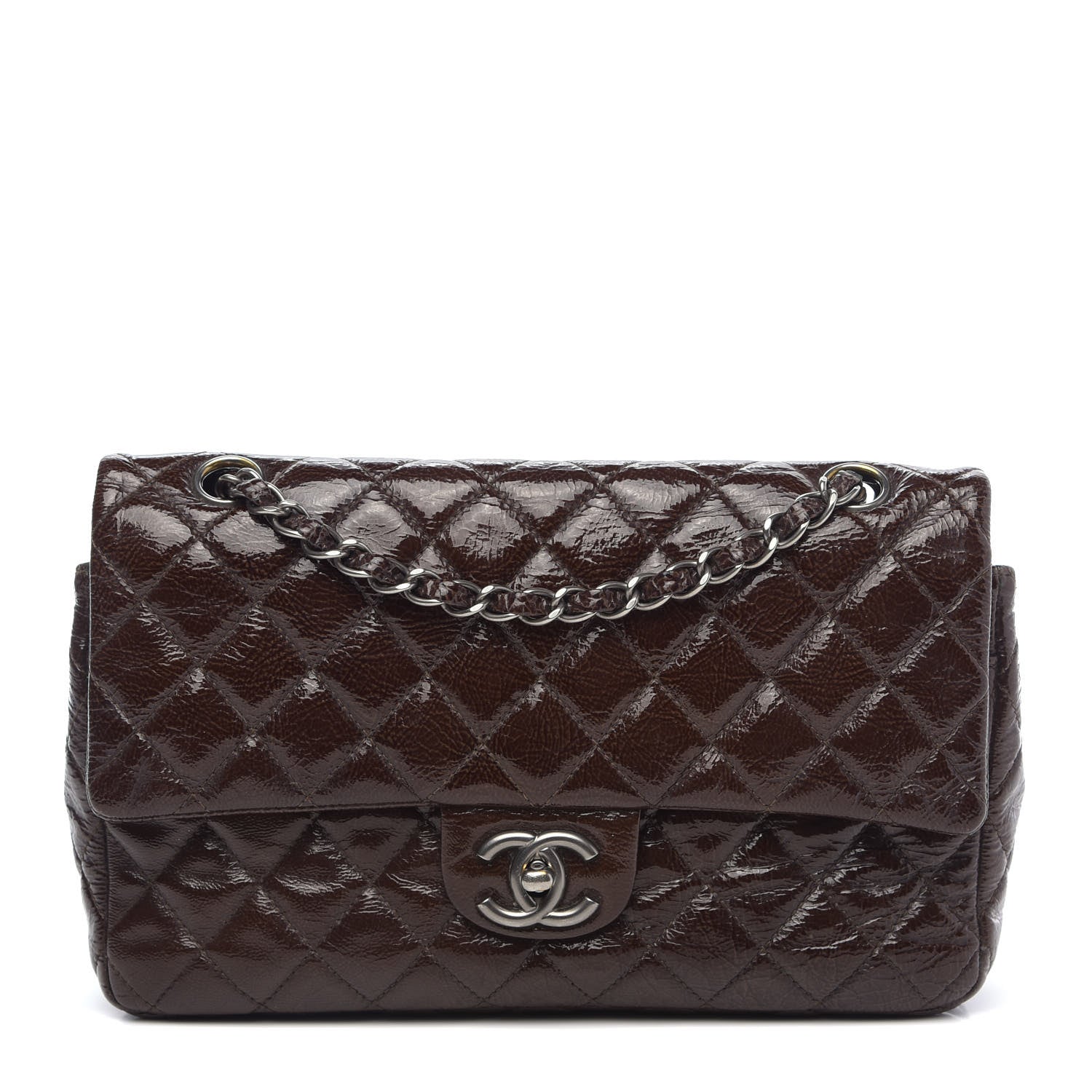 Chanel Crinkled Patent Quilted Medium Double Flap Brown 1 of 13
