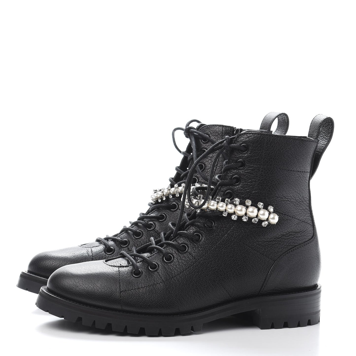 Goatskin Pearl Embellished Cruz Combat Boots 37.5 Black