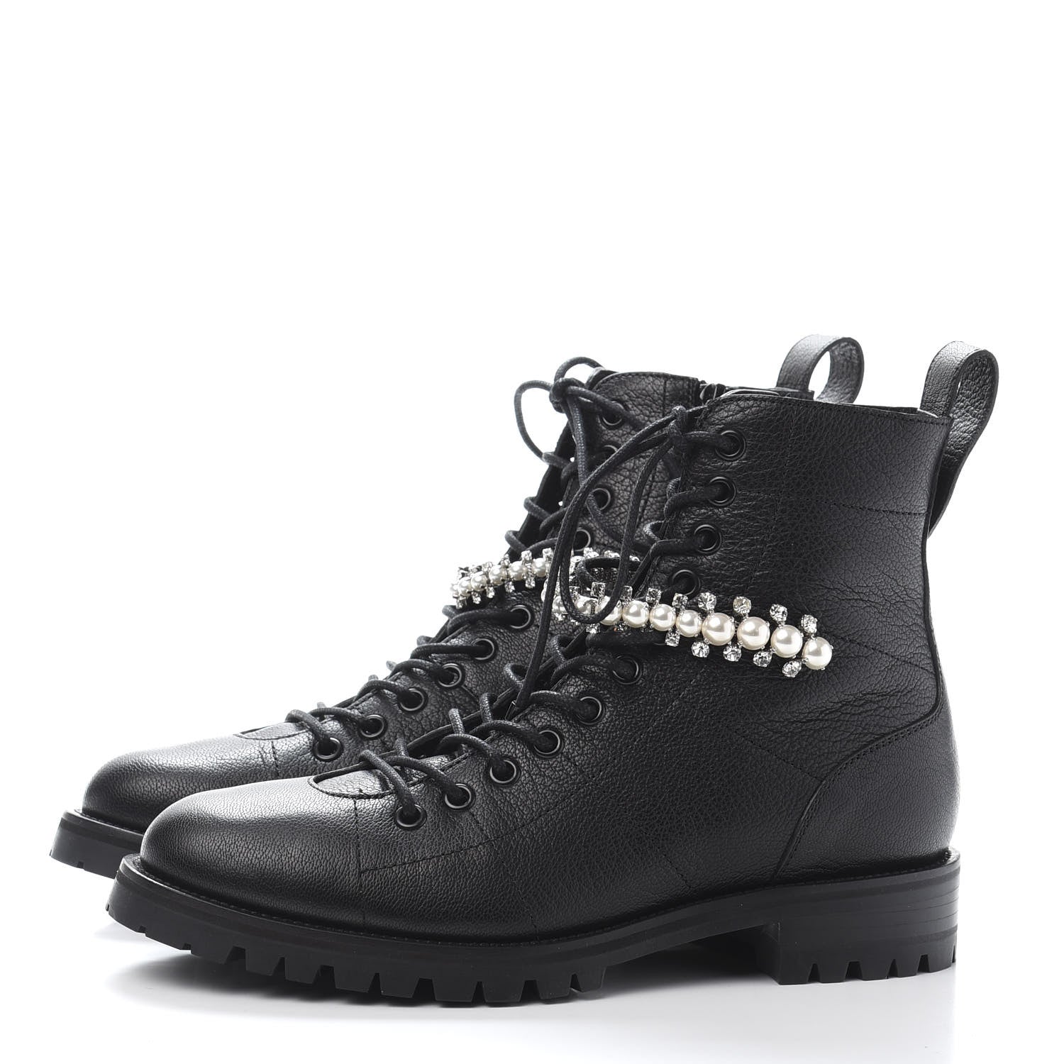 Jimmy Choo Goatskin Pearl Embellished Cruz Combat Boots 37.5 Black 3 of 9