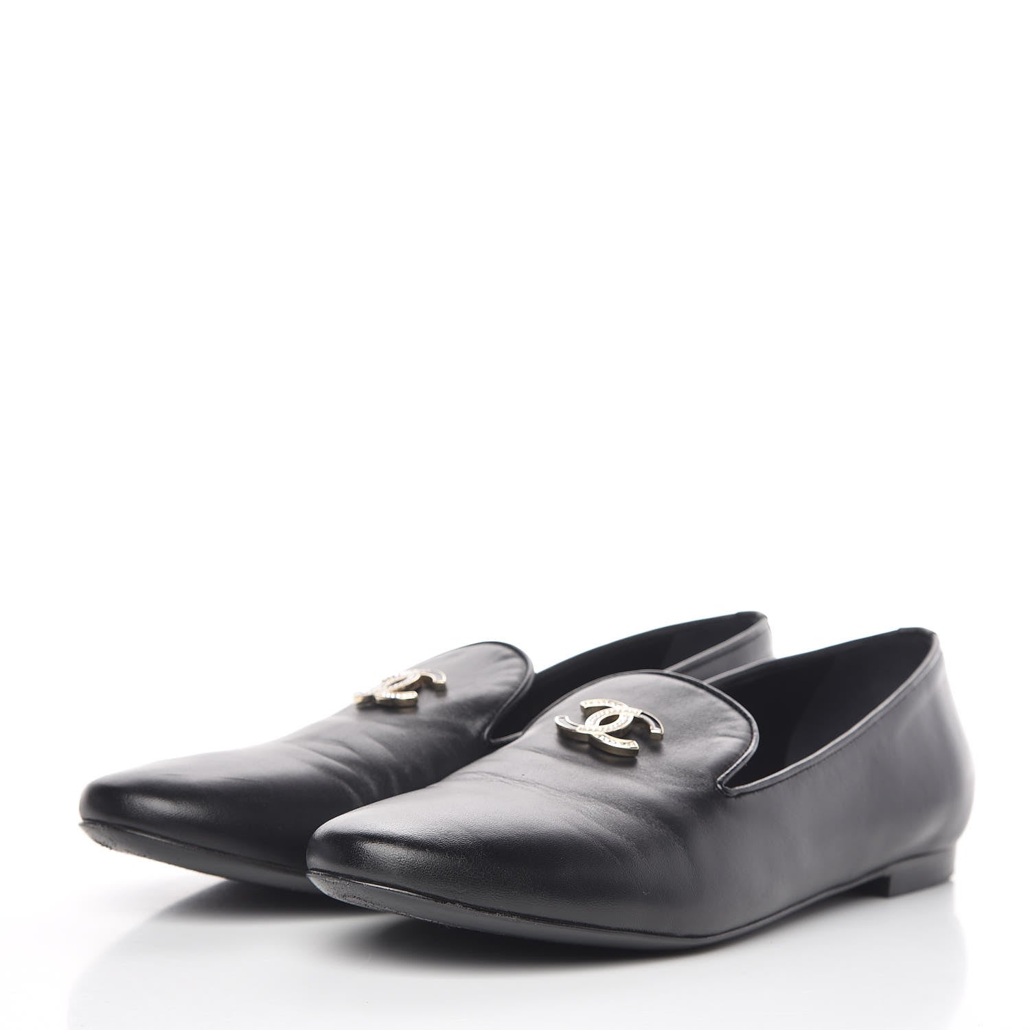 Chanel Enamel Pearl Crystal Lambskin Womens CC Mocassin Loafers 42 Black 3 of 15