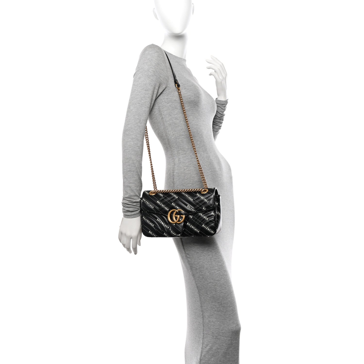 Gucci X BALENCIAGA Calfskin Matelasse Logo Print Small GG Marmont Shoulder Bag Black 3 of 10