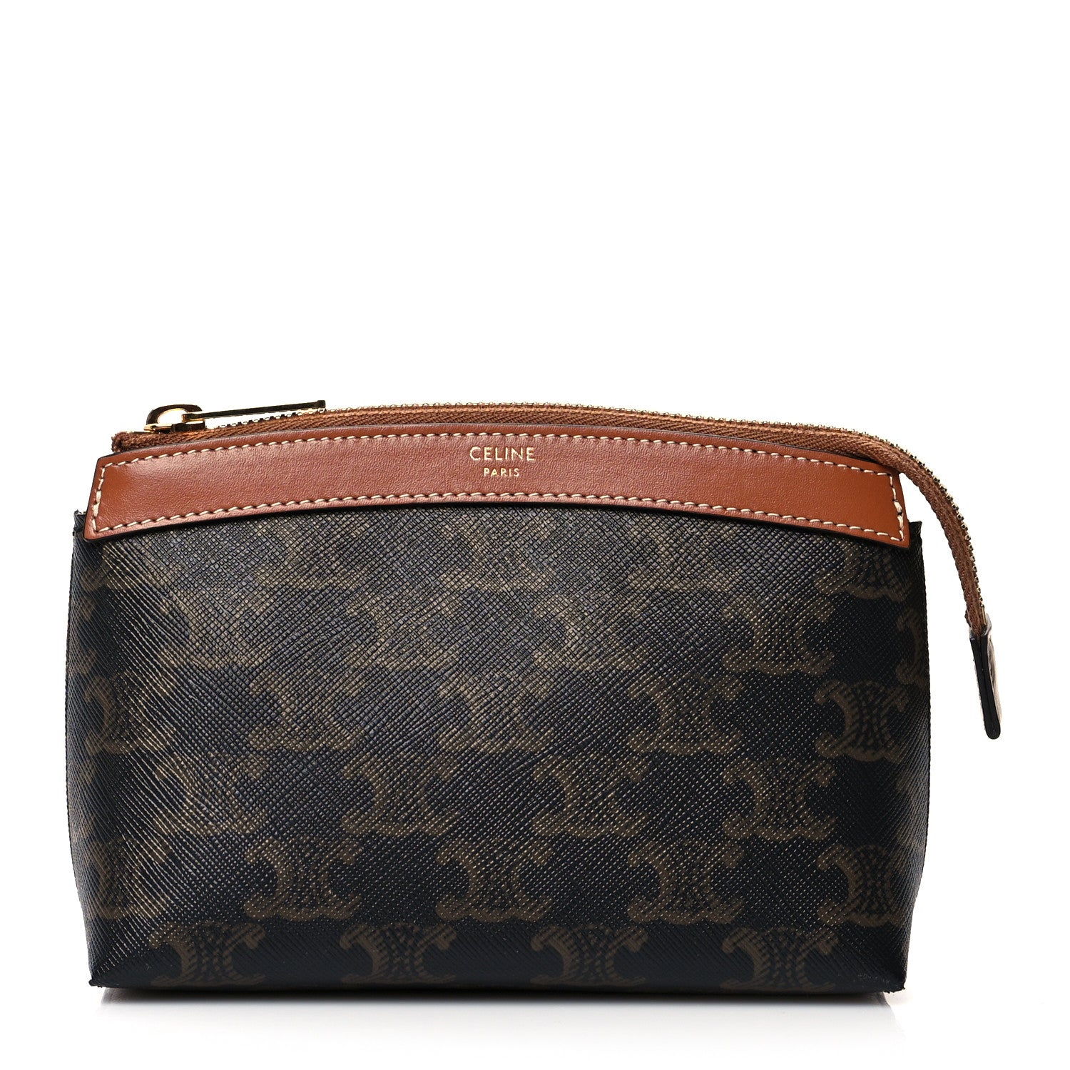 Celine Triomphe Canvas Calfskin Small Zipped Pouch Tan 1 of 9