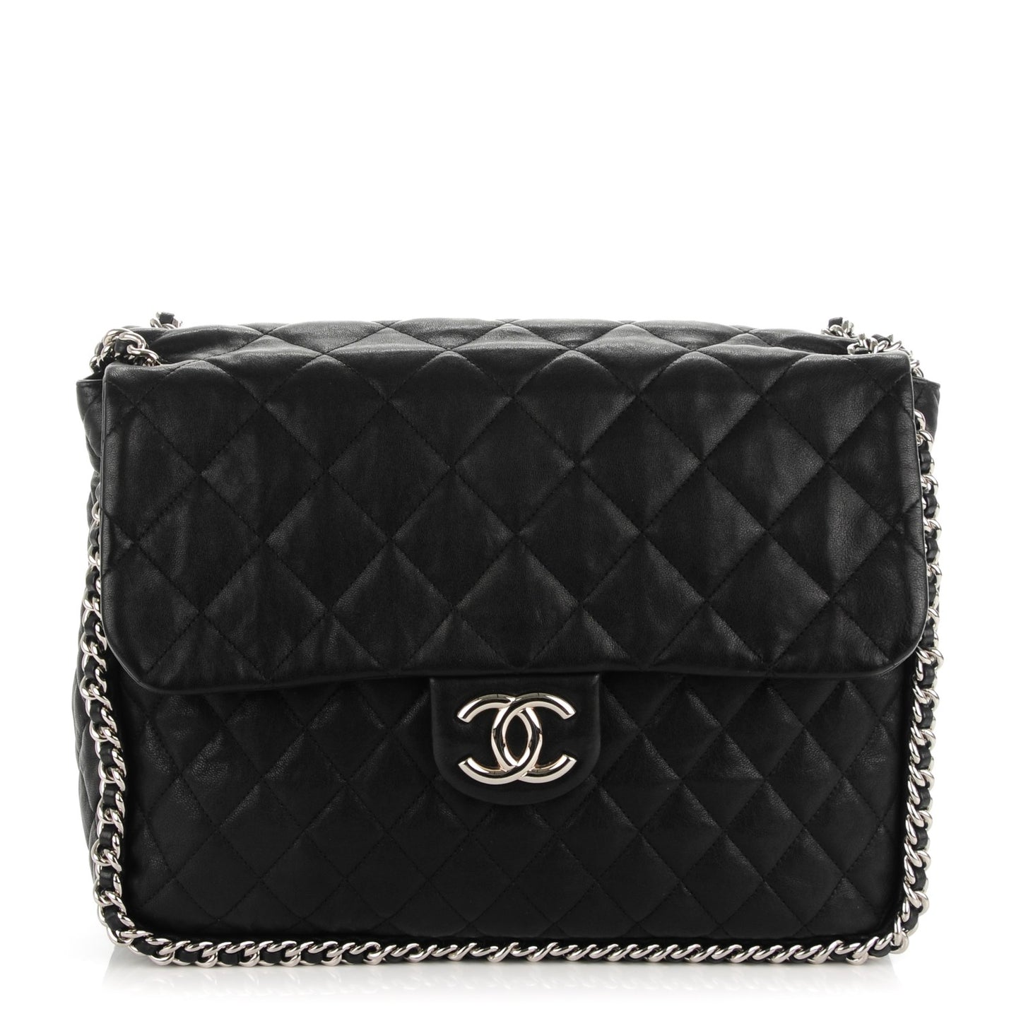 Washed Lambskin Quilted Maxi Chain Around Flap Black