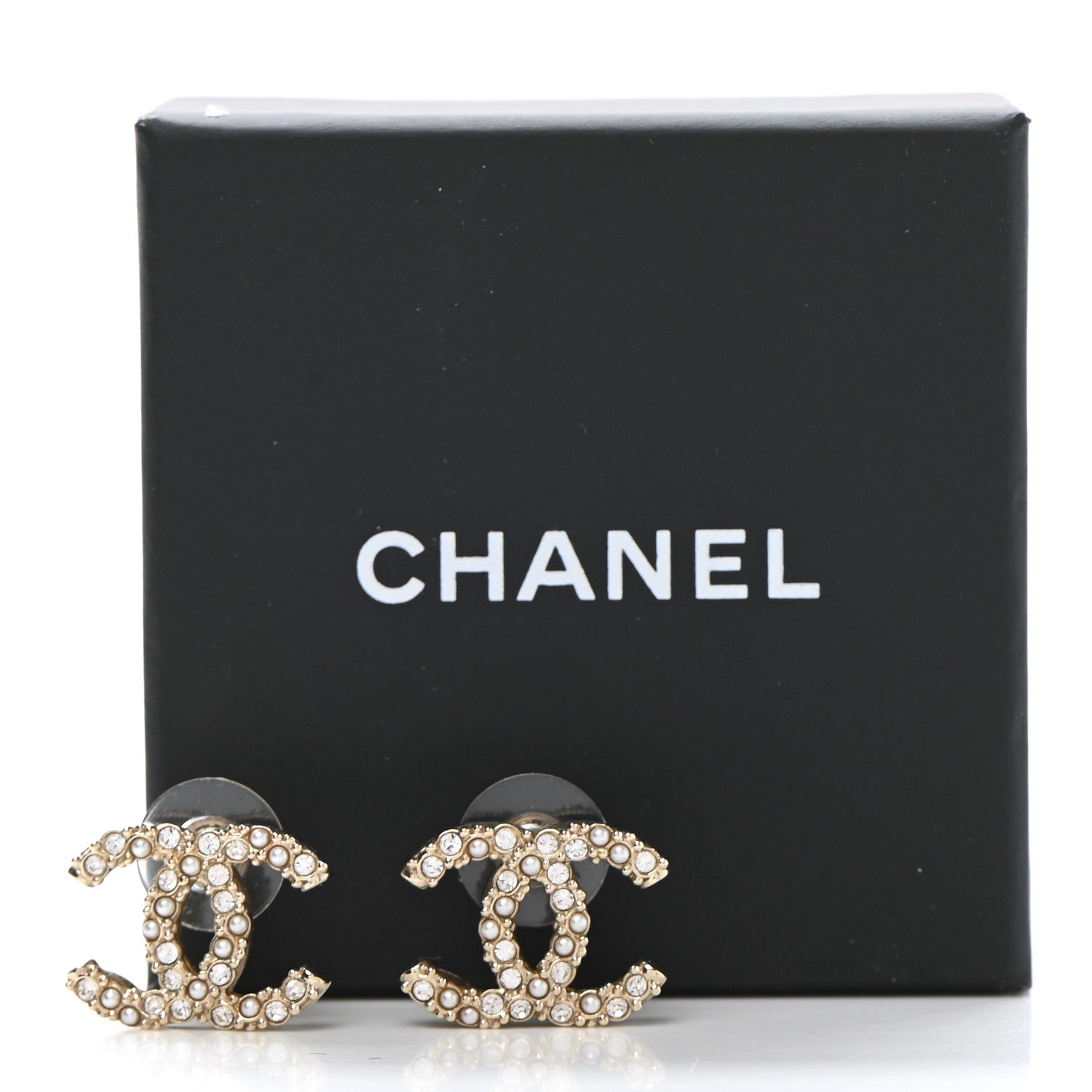 Chanel Metal Graduated Pearl Crystal CC Earrings Light Gold 5 of 5