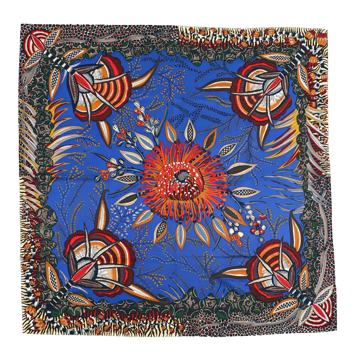 Hermes Silk Flowers of South Africa Scarf 90 Bleu Brun Vert 1 of 3