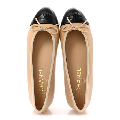 Chanel Lambskin Cap Toe CC Ballerina Flats 38 Beige Black 3 of 22