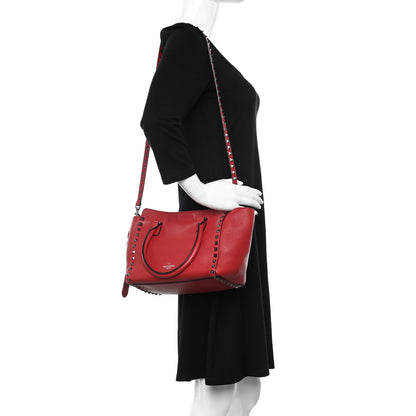 Valentino Garavani Pebbled Calfskin Small Rockstud Double Handle Tote Red 2 of 13