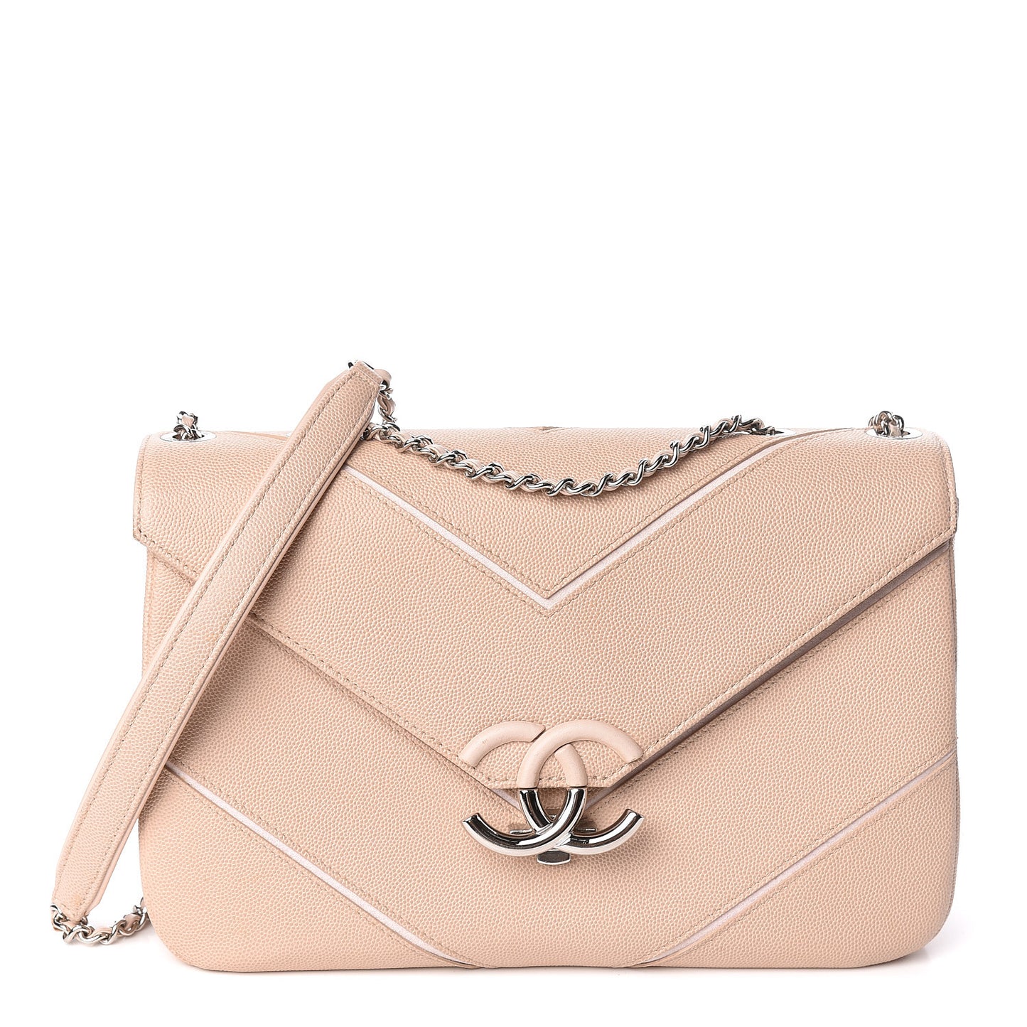 Caviar Macro Chevron Single Flap Beige