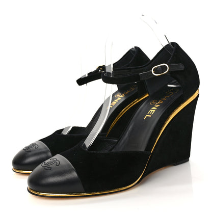 Chanel Velvet Lambskin Cap Toe Wedges 39.5 Black 3 of 8
