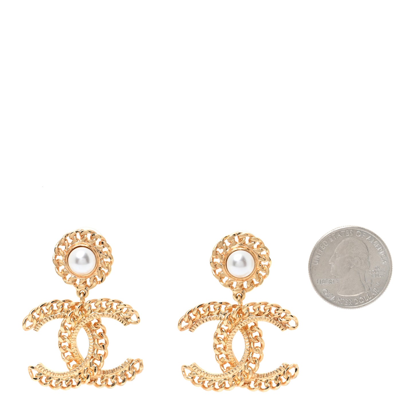 Metal Pearl CC Chain Drop Earrings Gold