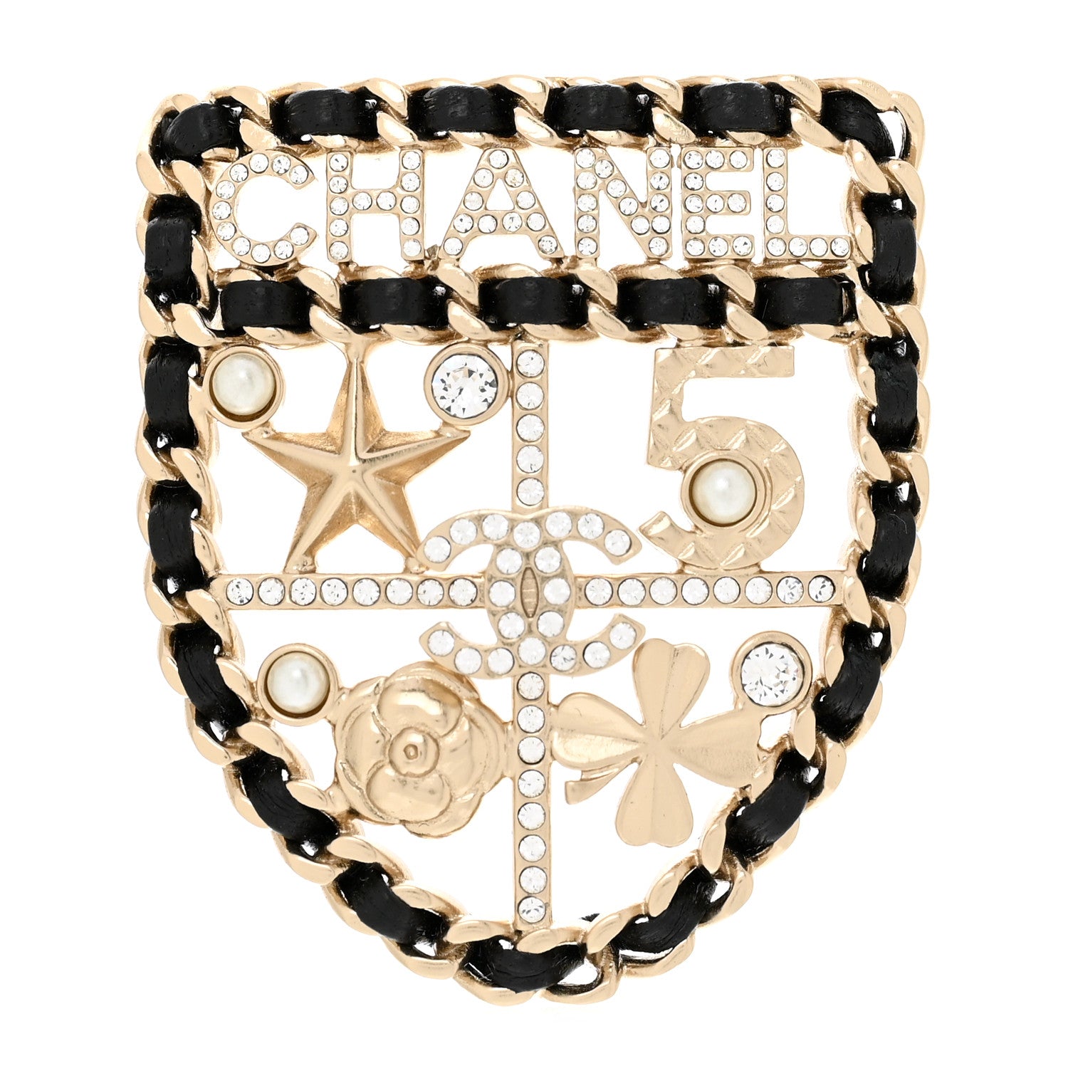 Chanel Lambskin Pearl Strass Sergeant Chanel Shield Brooch Gold 1 of 7