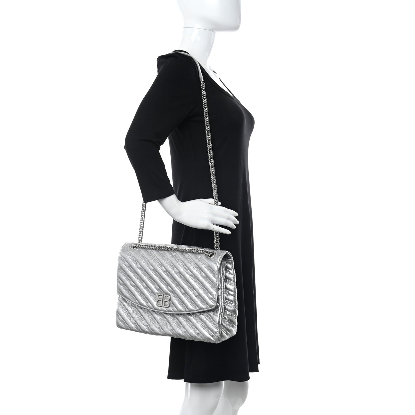 Metallic Arena Calfskin Logo Matelasse Large BB Flap Chain Shoulder Bag Argent